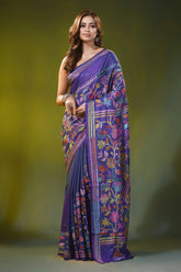 Dark slate blue kantha silk saree with multicolor floral design 6