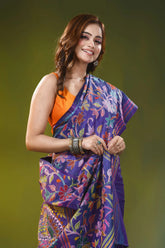 Dark slate blue kantha silk saree with multicolor floral design 2