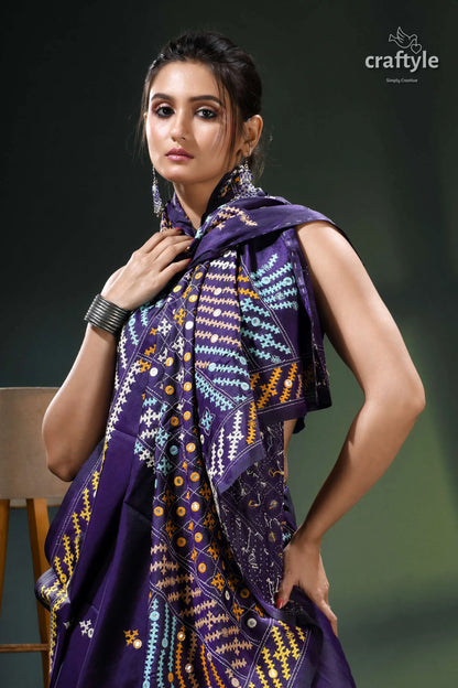 Dark slate blue multi-thread gujrati stitch silk saree with mirror work purple batik saree intricate geometric 2