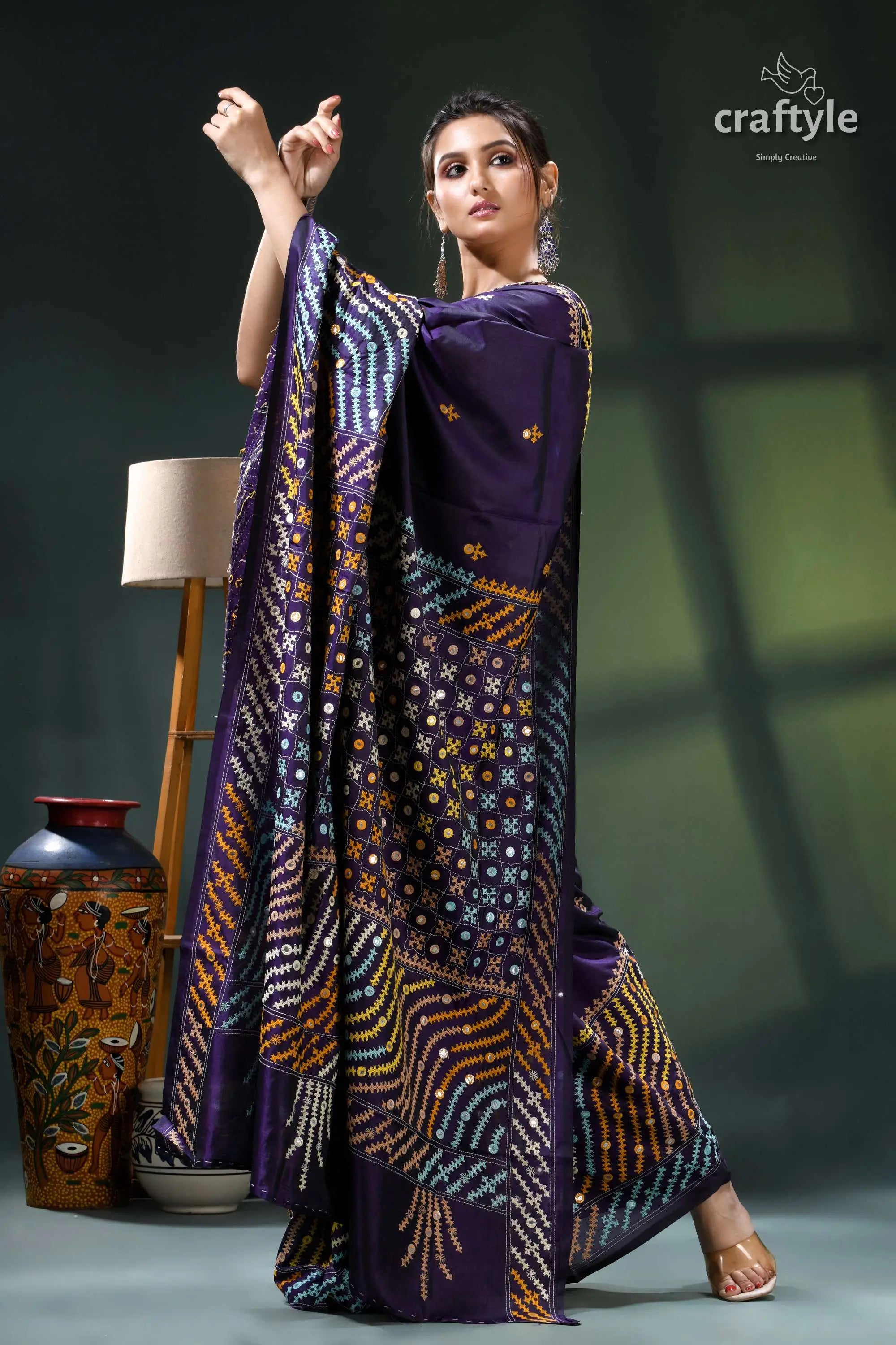 Dark slate blue multi-thread gujrati stitch silk saree with mirror work purple gold batik saree intricate 5