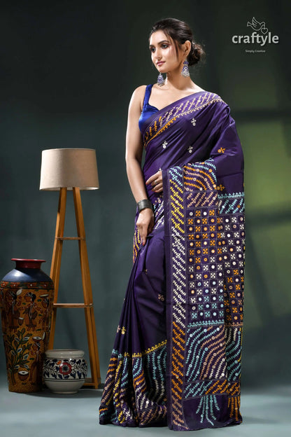 Dark slate blue multi-thread gujrati stitch silk saree with mirror work purple saree intricate white gold 3