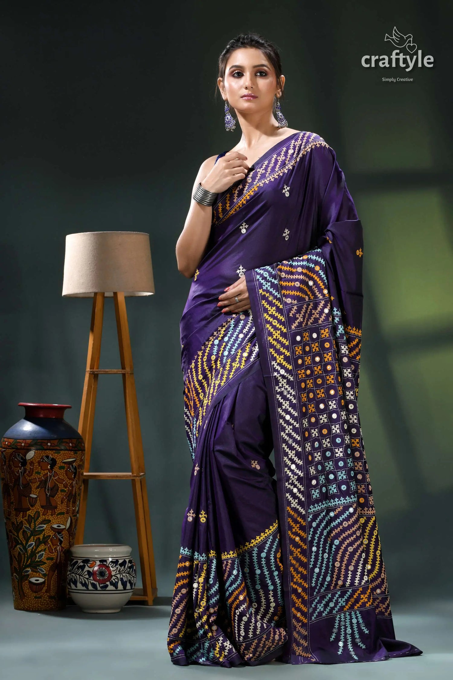 Dark slate blue multi-thread gujrati stitch silk saree with mirror work purple black saree intricate white 1