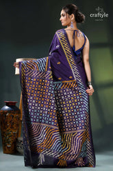 Dark slate blue multi-thread gujrati stitch silk saree with mirror work purple batik saree intricate gold 6