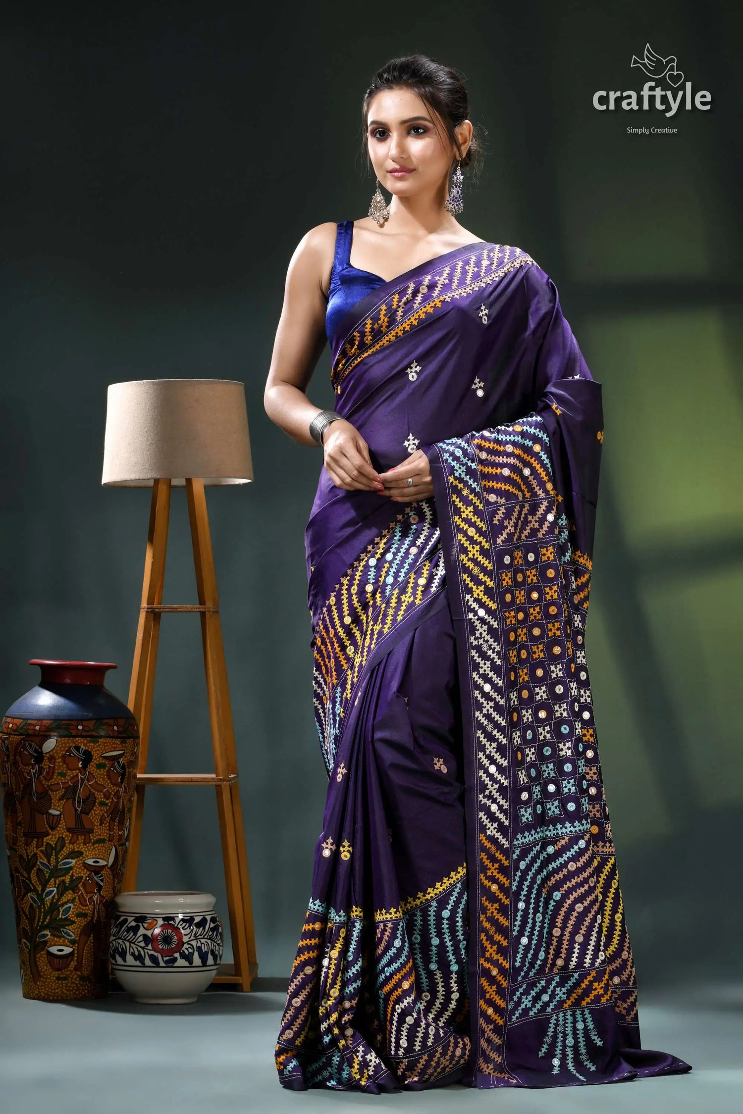 Dark slate blue multi-thread gujrati stitch silk saree with mirror work purple saree intricate batik design 7