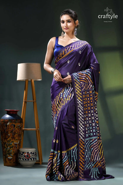 Dark slate blue multi-thread gujrati stitch silk saree with mirror work purple saree intricate batik design 7