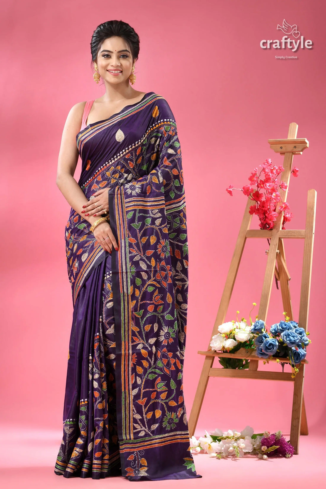 Dark slate blue multi-thread traditional silk kantha saree purple silk saree colorful floral 1
