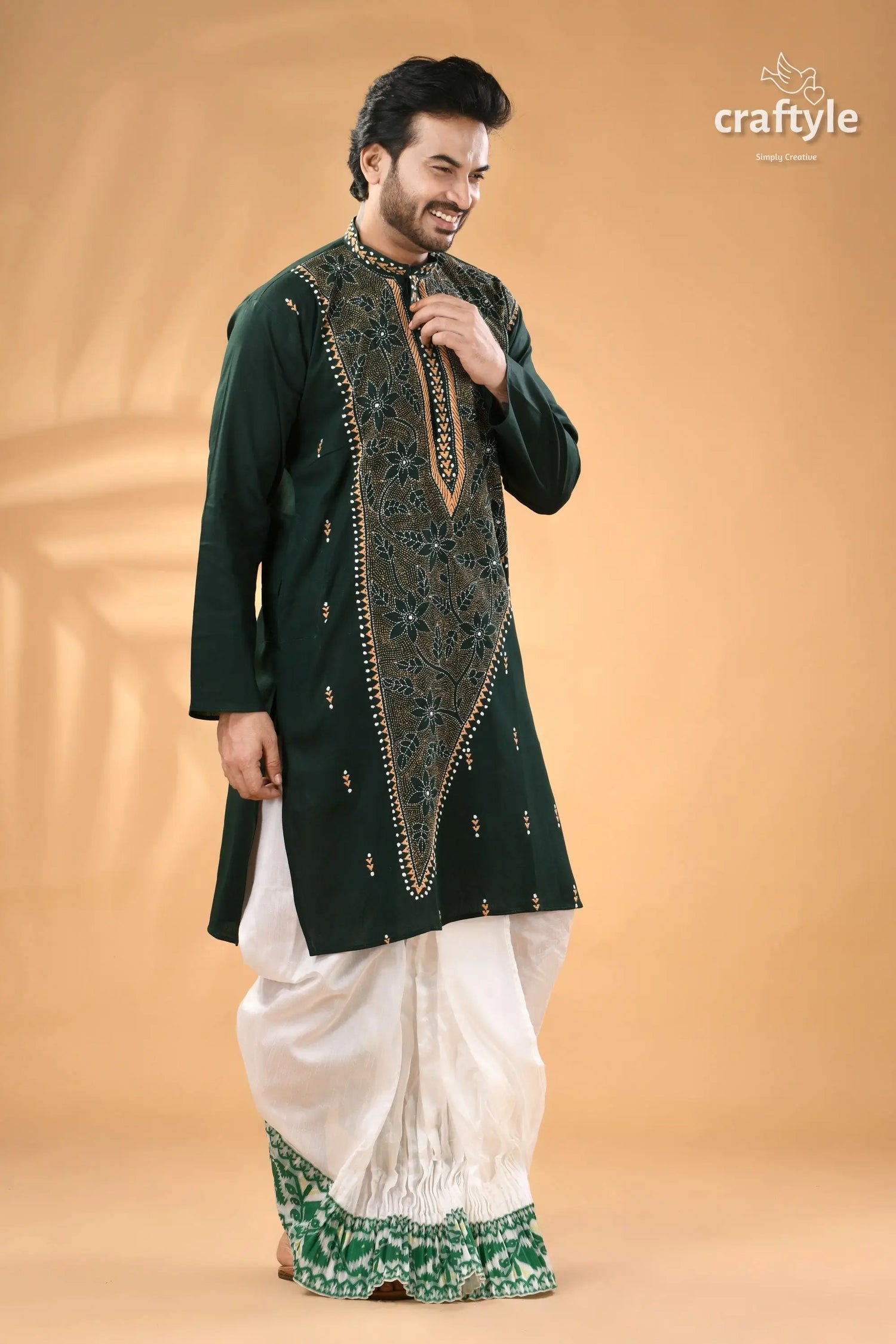 Dark slate green kantha stitched cotton kurta for men reverse stitch men’s dark green kurta intricate 5