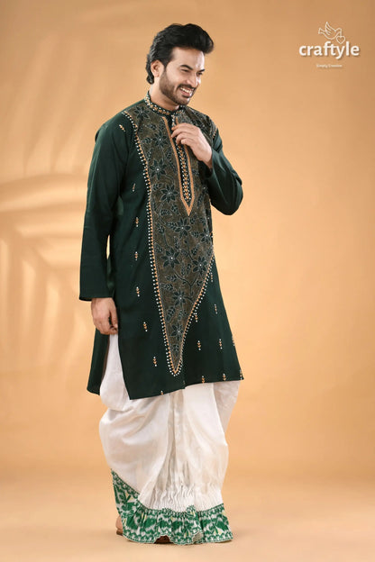 Dark slate green kantha stitched cotton kurta for men reverse stitch men’s dark green kurta intricate 5