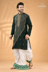 Dark slate green kantha stitched cotton kurta for men reverse stitch man dark green embroidered kurta 4