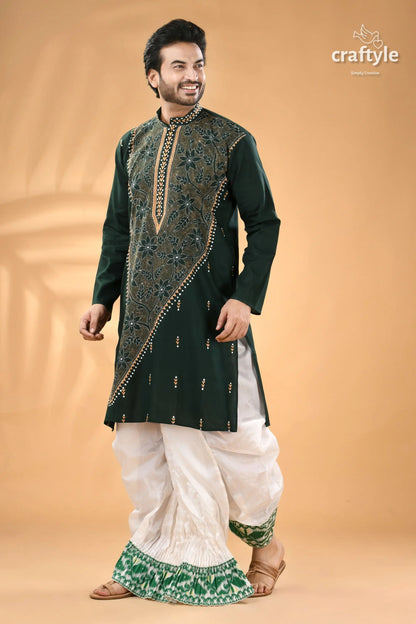 Dark slate green kantha stitched cotton kurta for men reverse stitch man dark green embroidered kurta 4