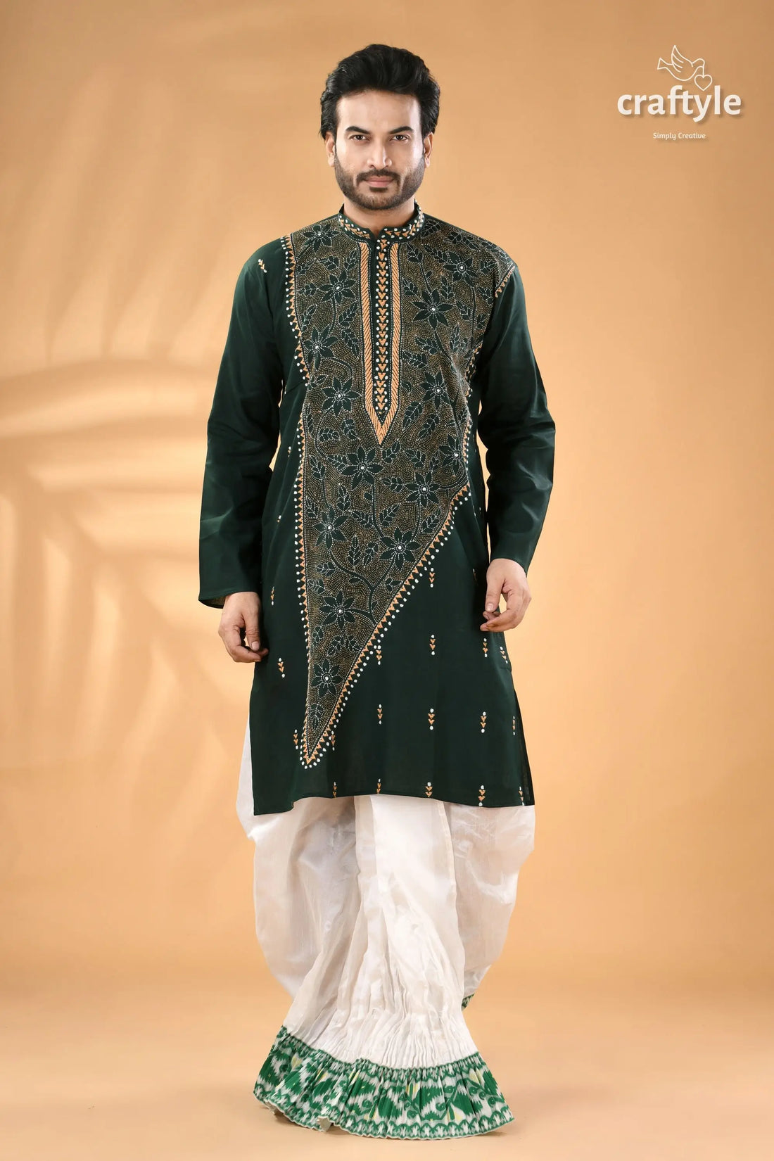 Dark slate green kantha stitched cotton kurta for men reverse stitch men’s dark green embroidered kurta 1