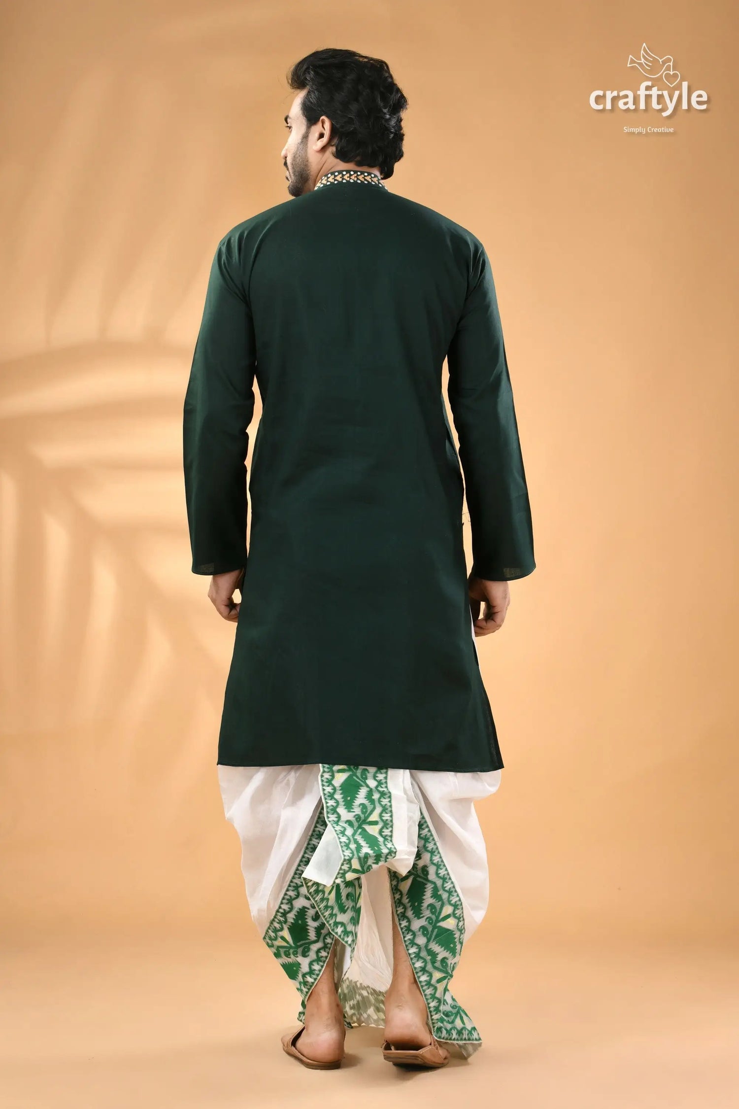 Dark slate green kantha stitched cotton kurta for men reverse stitch men’s dark green kurta white 6