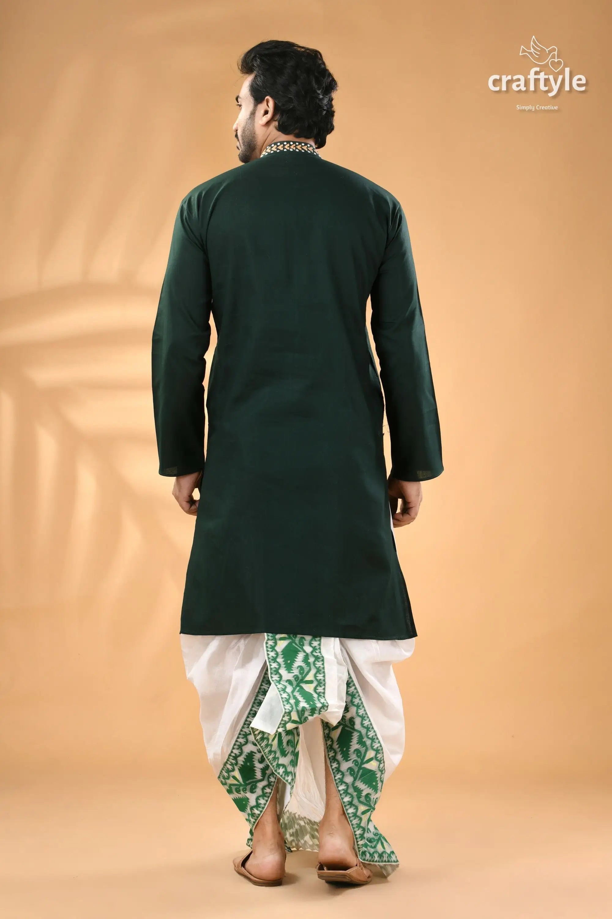 Dark slate green kantha stitched cotton kurta for men reverse stitch men’s dark green kurta white 6