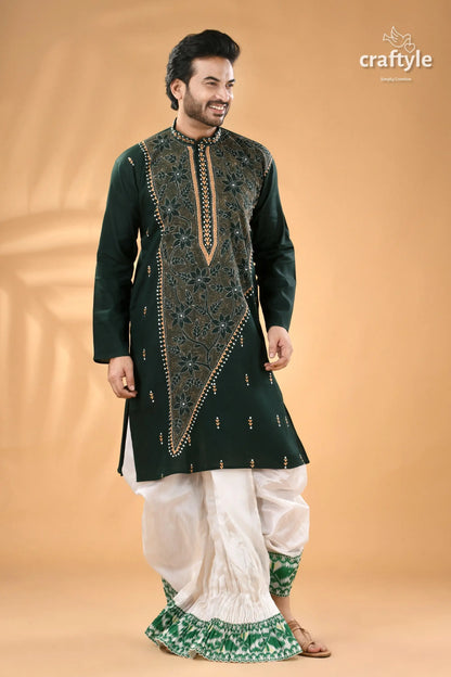 Dark slate green kantha stitched cotton kurta for men reverse stitch men’s dark green embroidered kurta 3