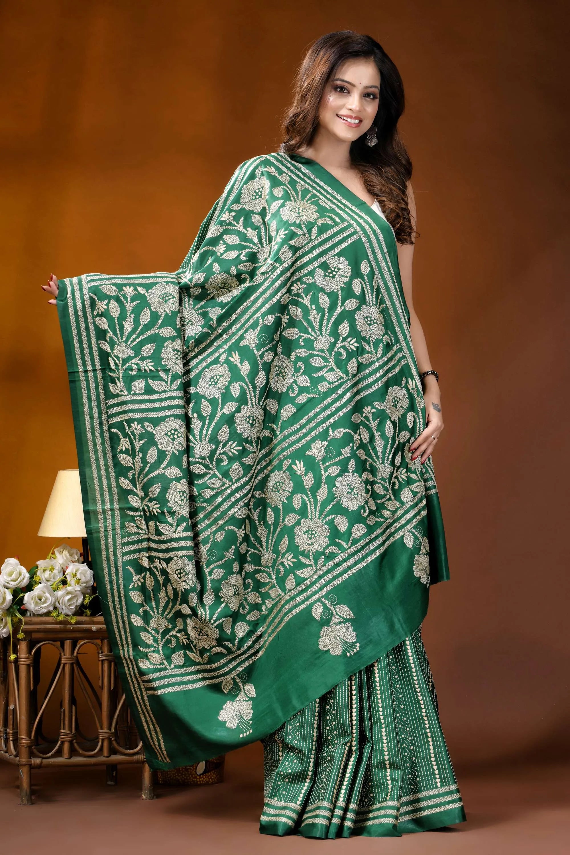 Dark spring green floral panel design handmade silk kantha saree emerald green silk saree intricate 5