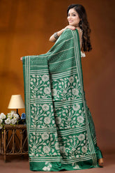 Dark spring green floral panel design handmade silk kantha saree emerald green silk saree intricate 4
