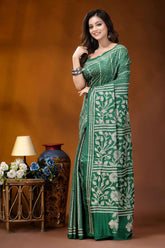 Dark spring green floral panel design handmade silk kantha saree woman wears vibrant green saree 3