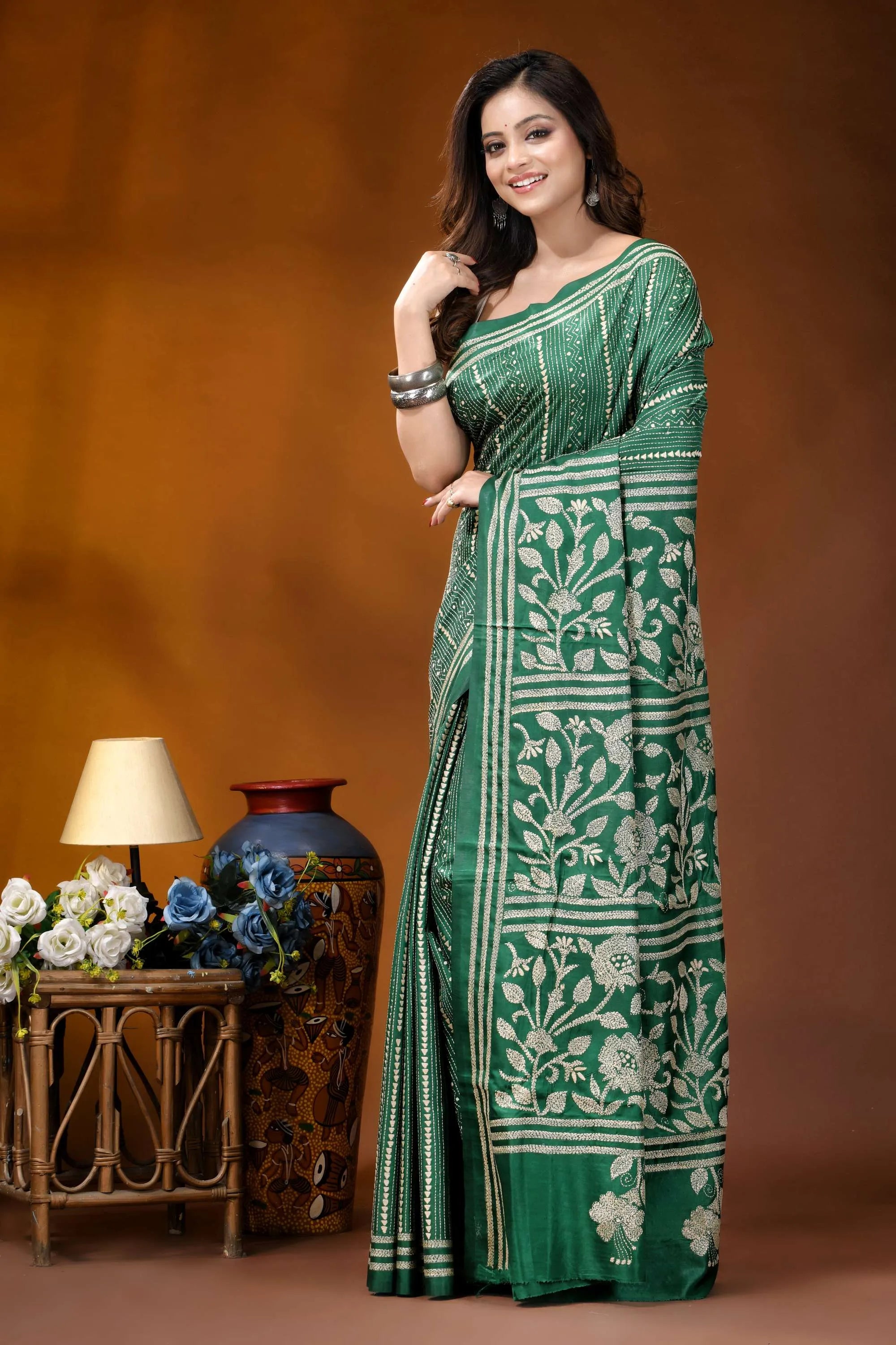 Dark spring green floral panel design handmade silk kantha saree woman wears vibrant green saree 3