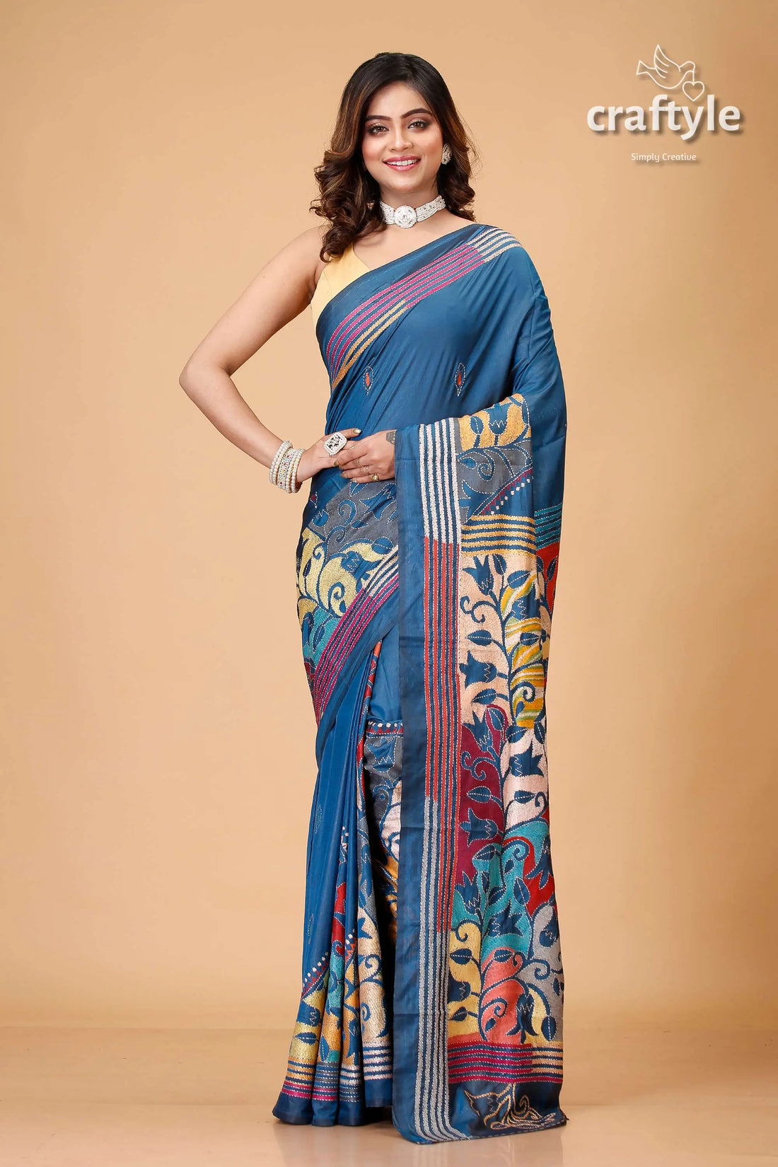 Dark steel blue tulip silk kantha saree - reverse stitch woman blue floral saree 1