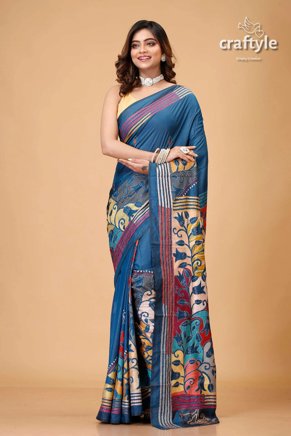 Dark steel blue tulip silk kantha saree - reverse stitch blue printed saree 2