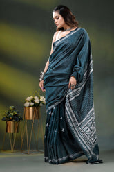 Dark teal handcrafted silk kantha stitch saree - geometric design 4