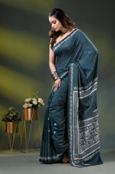 Dark teal handcrafted silk kantha stitch saree - geometric design 3