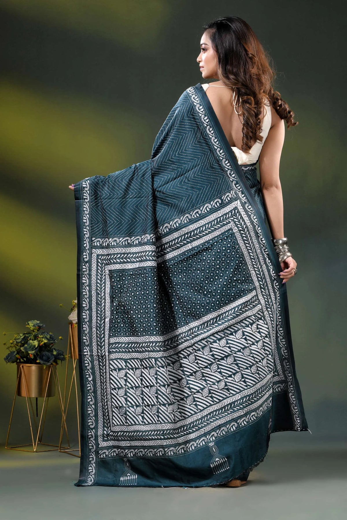 Dark teal handcrafted silk kantha stitch saree - geometric design 5