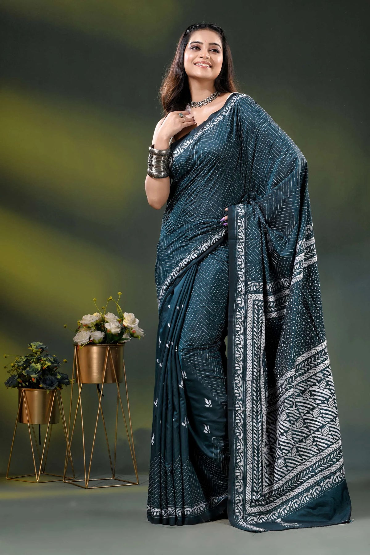 Dark teal handcrafted silk kantha stitch saree - geometric design 6