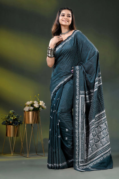 Dark teal handcrafted silk kantha stitch saree - geometric design 6