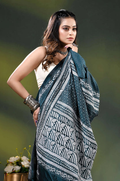 Dark teal handcrafted silk kantha stitch saree - geometric design 2