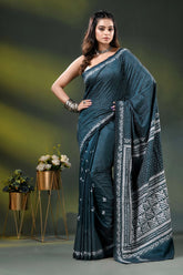 Dark teal handcrafted silk kantha stitch saree - geometric design 1