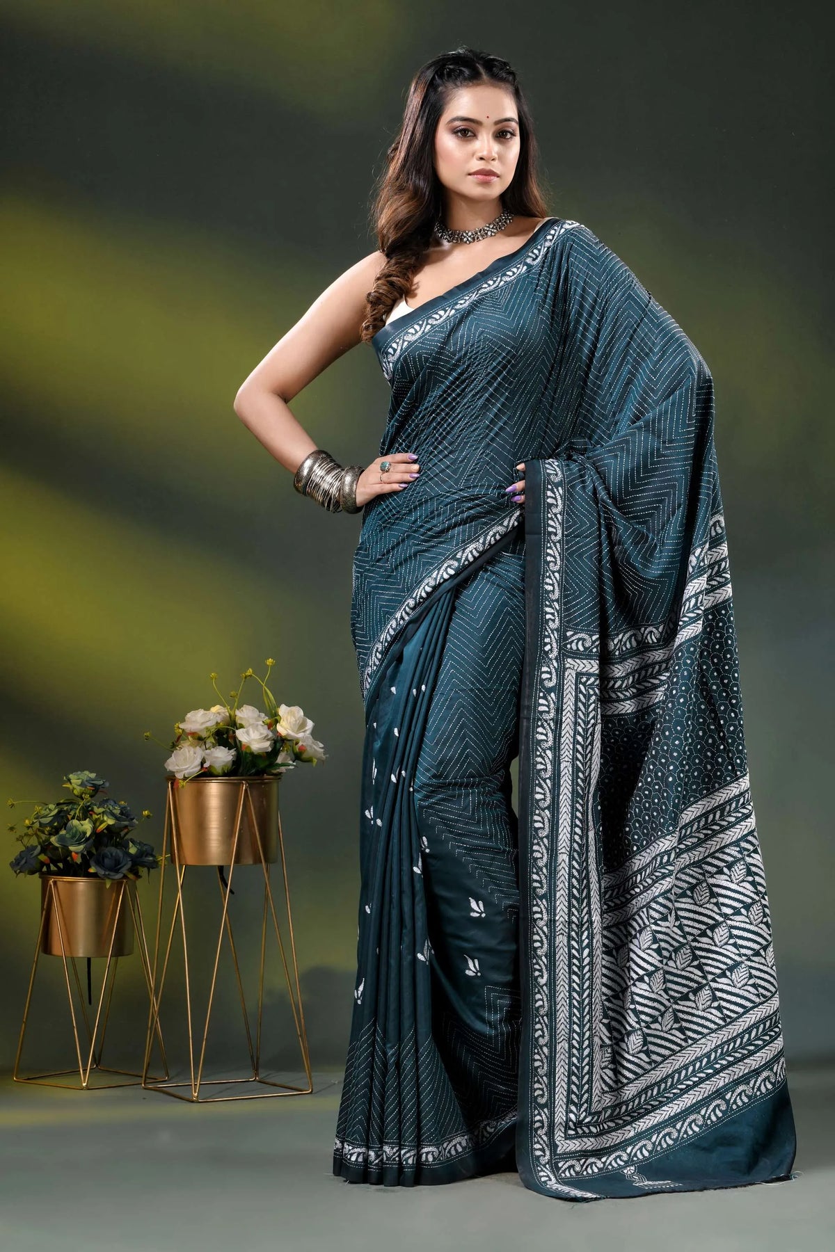 Dark teal handcrafted silk kantha stitch saree - geometric design 1