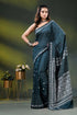 Dark teal handcrafted silk kantha stitch saree - geometric design 1
