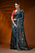 Dark teal silk kantha stitch saree with multicolor floral design 1