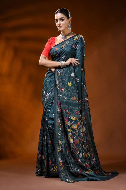 Dark teal silk kantha stitch saree with multicolor floral design 6