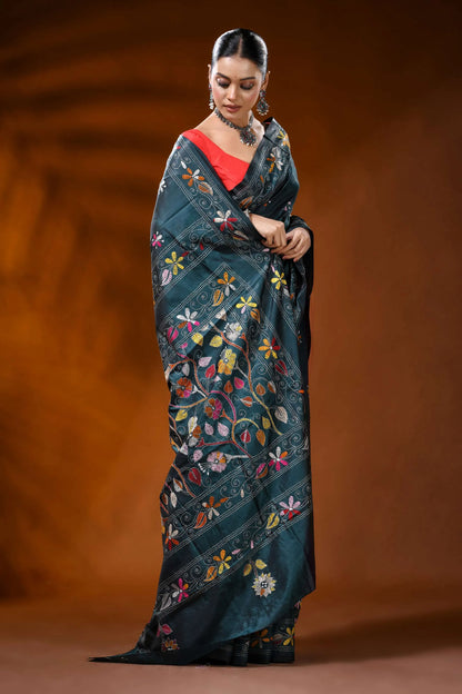 Dark teal silk kantha stitch saree with multicolor floral design 4
