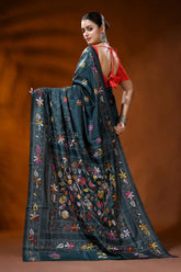 Dark teal silk kantha stitch saree with multicolor floral design 5
