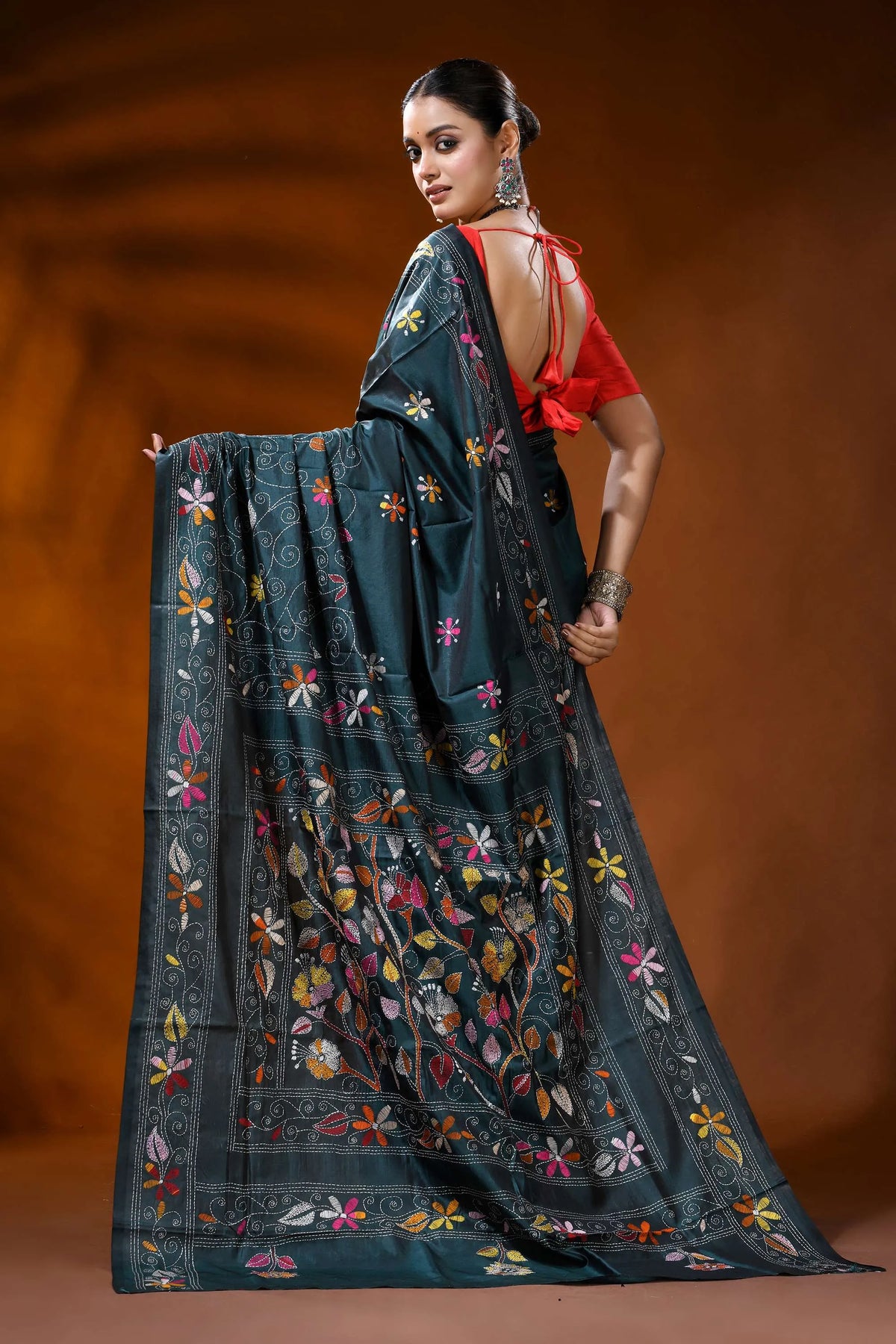 Dark teal silk kantha stitch saree with multicolor floral design 5