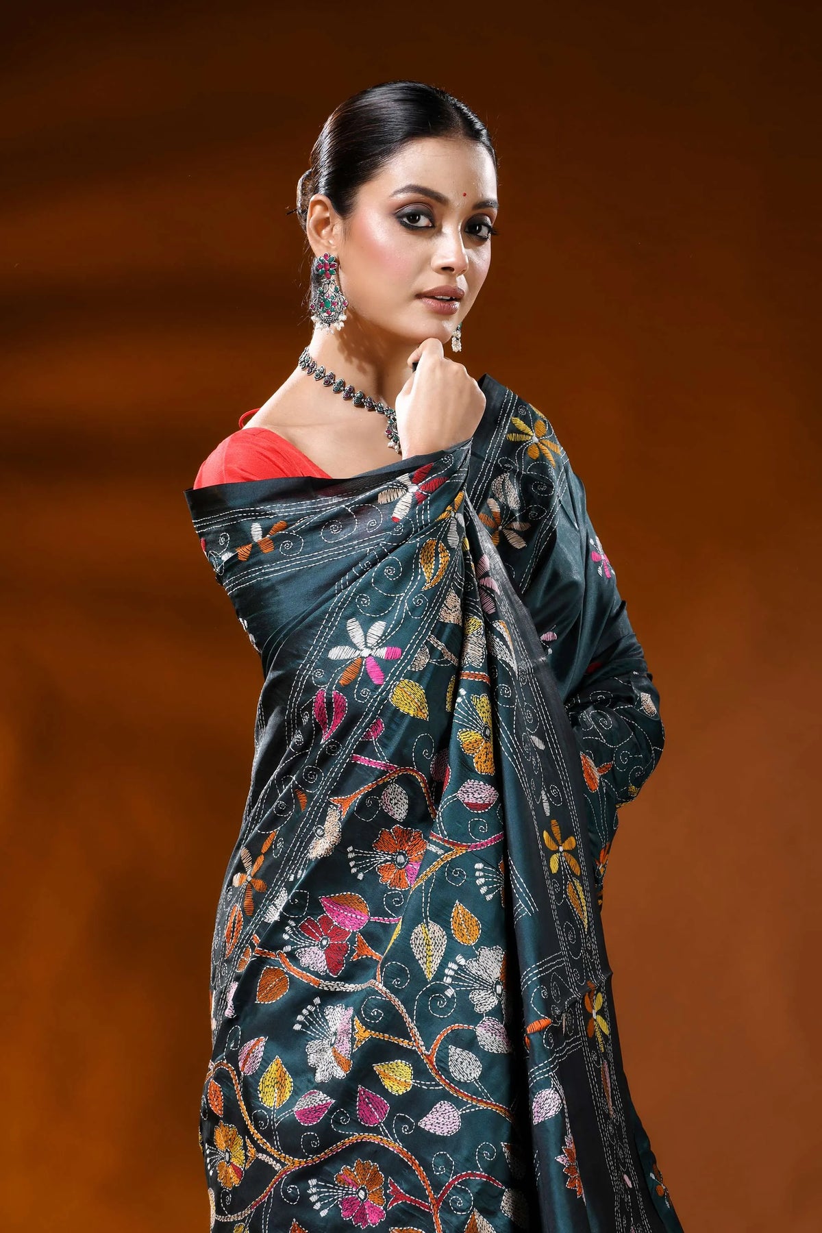 Dark teal silk kantha stitch saree with multicolor floral design 2