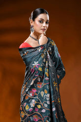 Dark teal silk kantha stitch saree with multicolor floral design 2