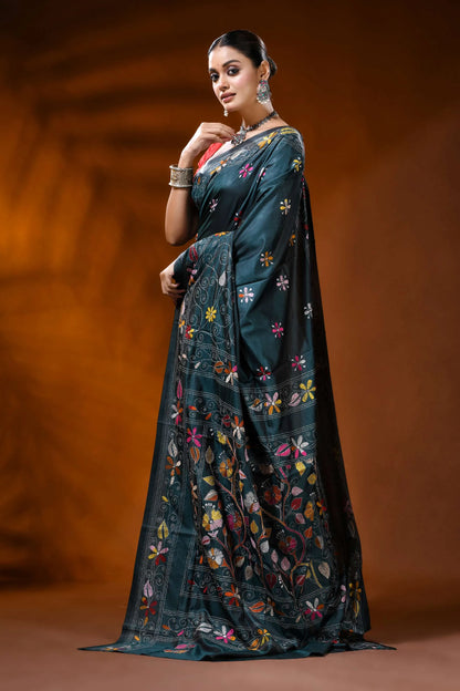 Dark teal silk kantha stitch saree with multicolor floral design 3