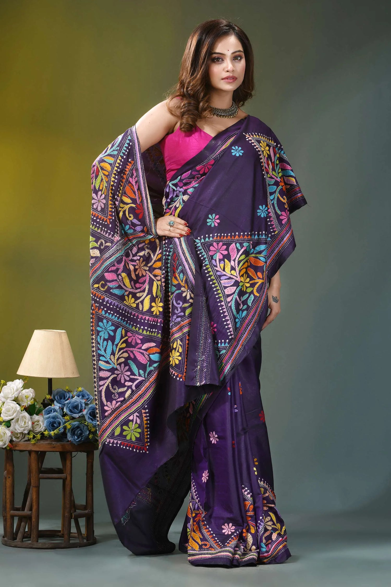 Dark violet hand embroidery floral silk kantha saree vibrant purple silk saree intricate 4