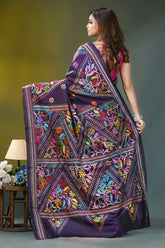 Dark violet hand embroidery floral silk kantha saree purple embroidered saree vibrant floral 5