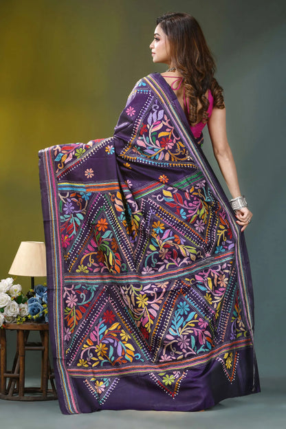 Dark violet hand embroidery floral silk kantha saree purple embroidered saree vibrant floral 5