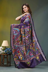 Dark violet hand embroidery floral silk kantha saree vibrant purple saree adorned intricate 3