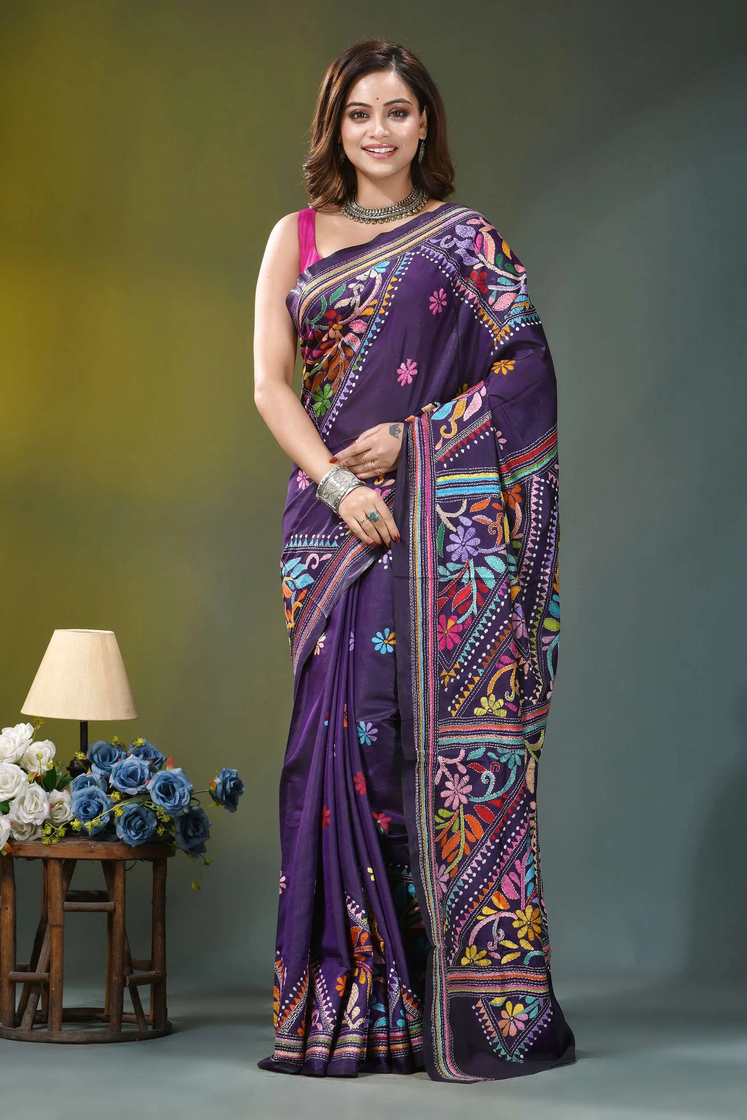 Dark violet hand embroidery floral silk kantha saree vibrant purple saree adorned intricate 6