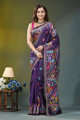 Dark violet hand embroidery floral silk kantha saree vibrant purple saree adorned intricate 6