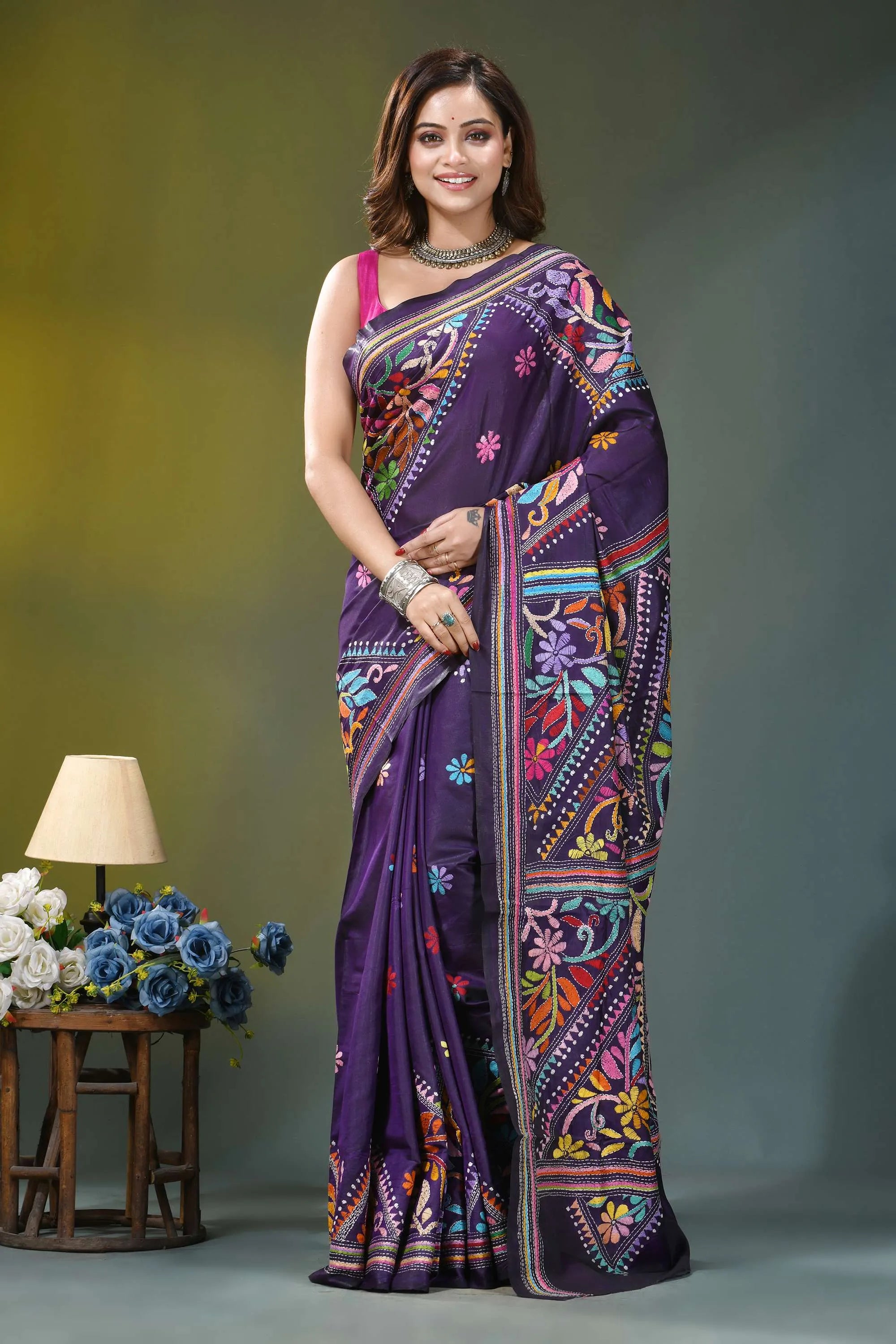 Dark violet hand embroidery floral silk kantha saree vibrant purple saree adorned intricate 6