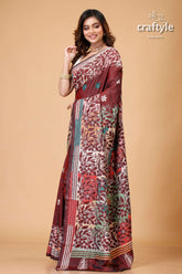 Dark Wine Multithread Silk Kantha Stitch Saree - Craftyle