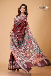Dark Wine Multithread Silk Kantha Stitch Saree - Craftyle